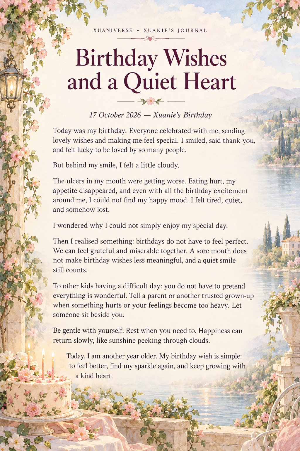 Xuanie’s birthday blog, Birthday Wishes and a Quiet Heart, dated 17 October 2026