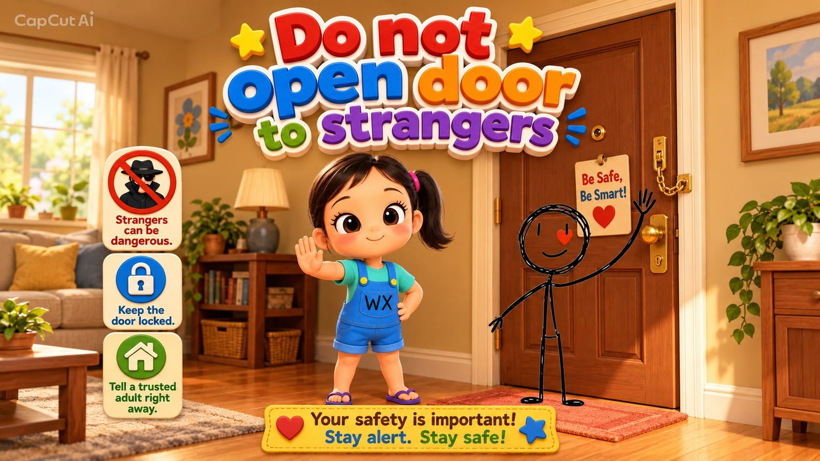Colourful illustrated safety poster: Do not open the door to strangers. Keep the door locked and tell a trusted adult.